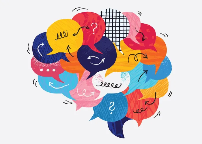 Montage vector illustration composed from paper cut out speech bubbles and hand made textures and doodles. Speech bubbles forming the shape of brain. Communication concept. Illustration works very nice also on dark backgrounds. Each speech bubble is isola