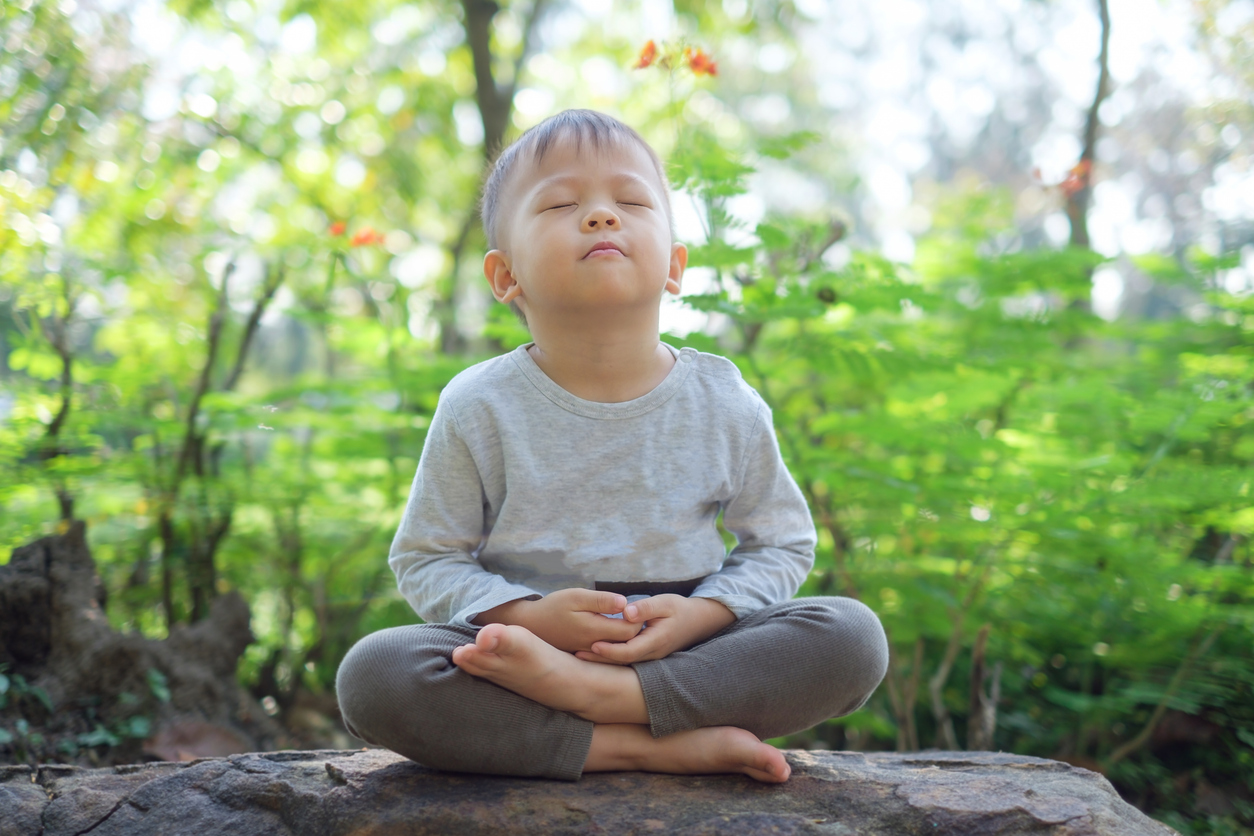 Cute little Asian 2 - 3 years old toddler baby boy child with eyes closed, barefoot practices yoga & meditating outdoors on nature in springtime, Beginner Meditation, Healthy lifestyle concept